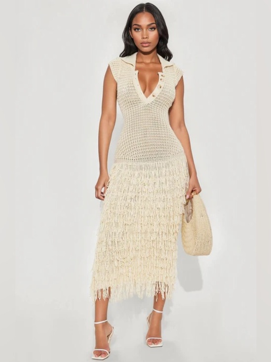 Fashion Nova Dresses & Skirts - Fashion Nova Cream Crochet Fringe Midi Dress